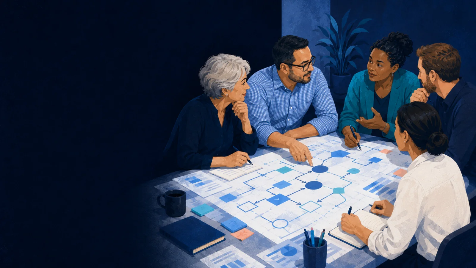 Illustration of Bryan and a team looking at how a piece of work happens today.