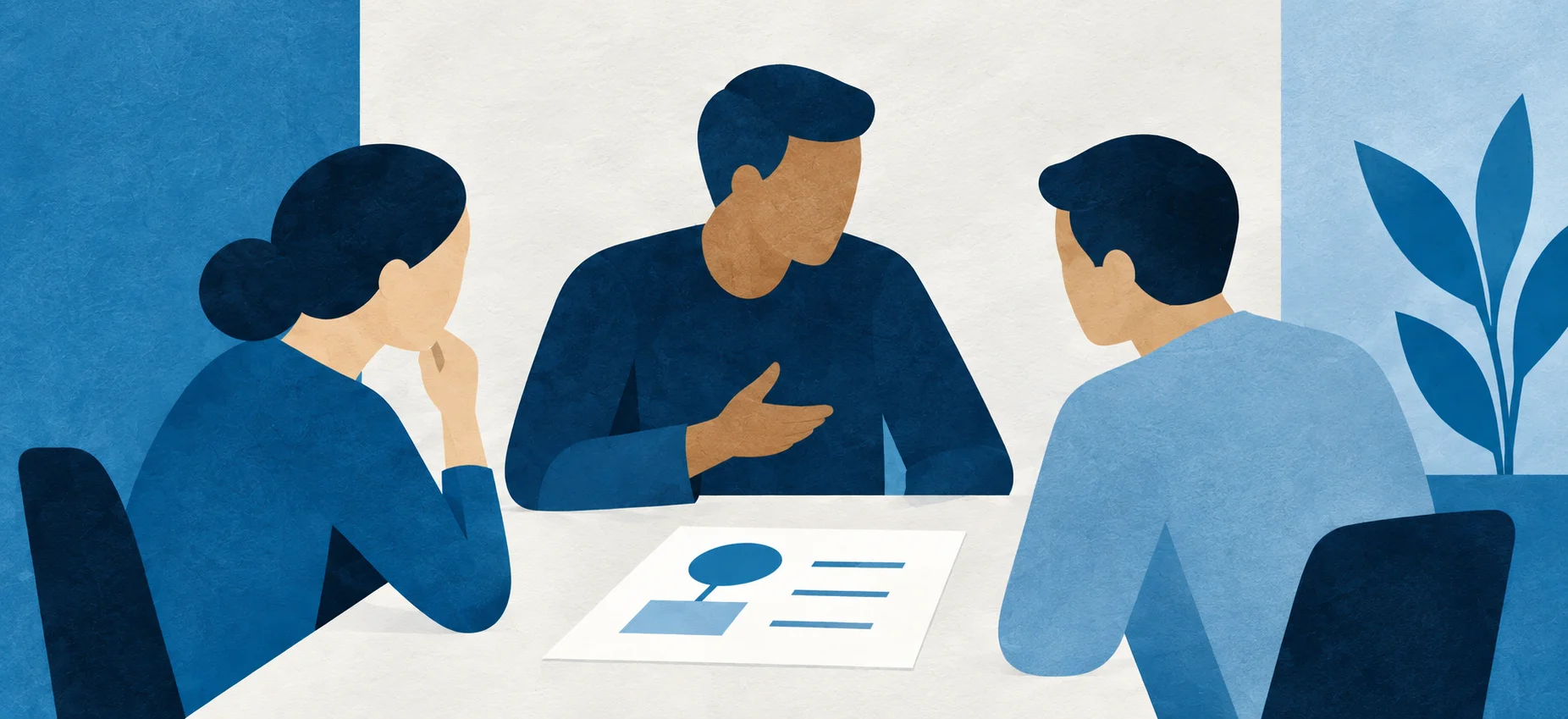 Illustration of three people talking around a table with a simple chart between them.