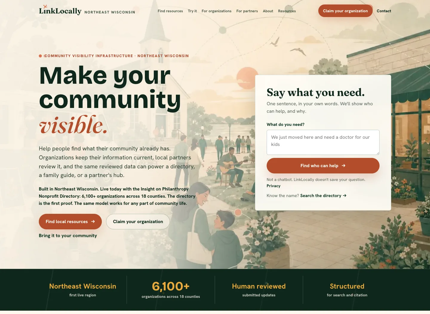 The LinkLocally homepage, where people describe what they need in one sentence and see who can help.