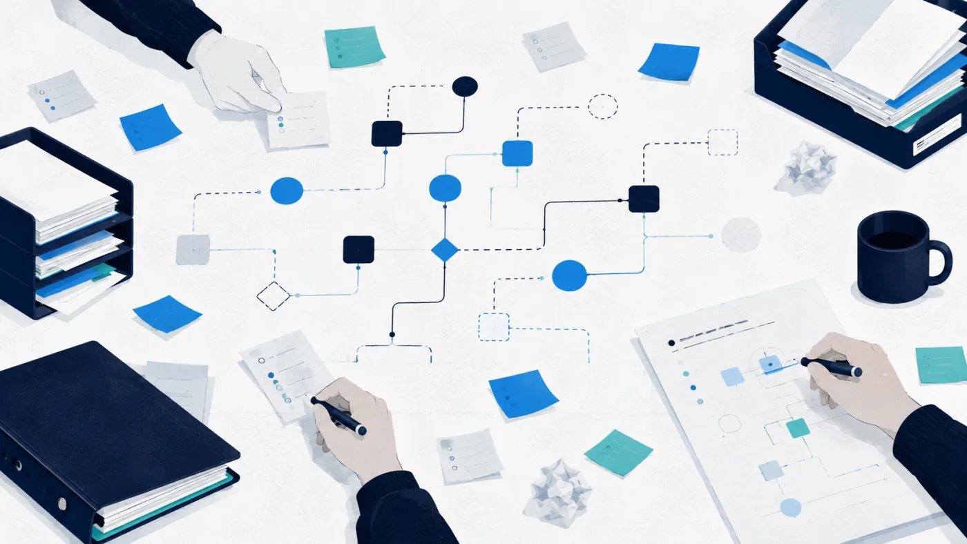 Illustration of hands sketching a simple process map among scattered papers, binders and sticky notes.