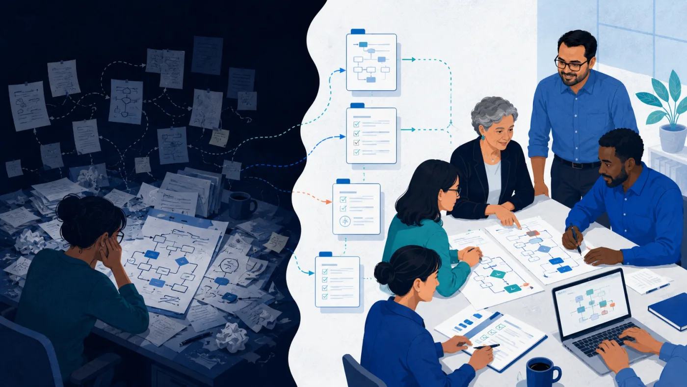 Illustration of scattered information becoming a shared process.