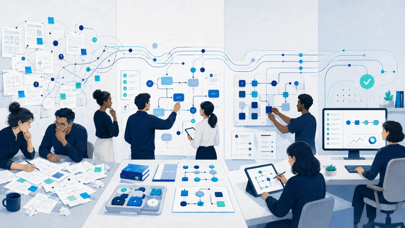 Illustration of a team working through a process together, with connected diagrams on the wall and on screens.