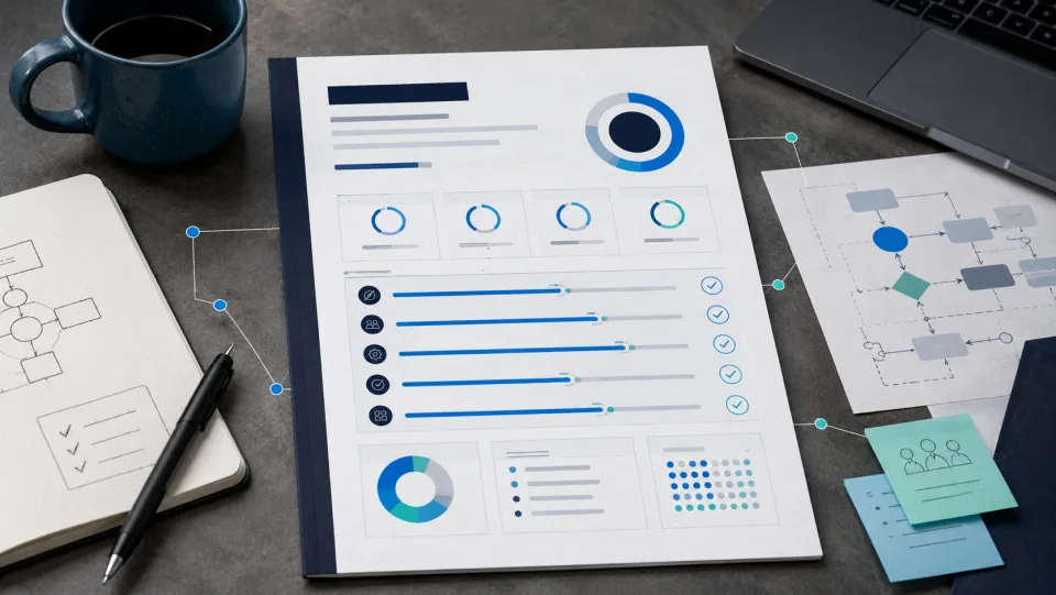 Illustrated process map and report beside working notes.