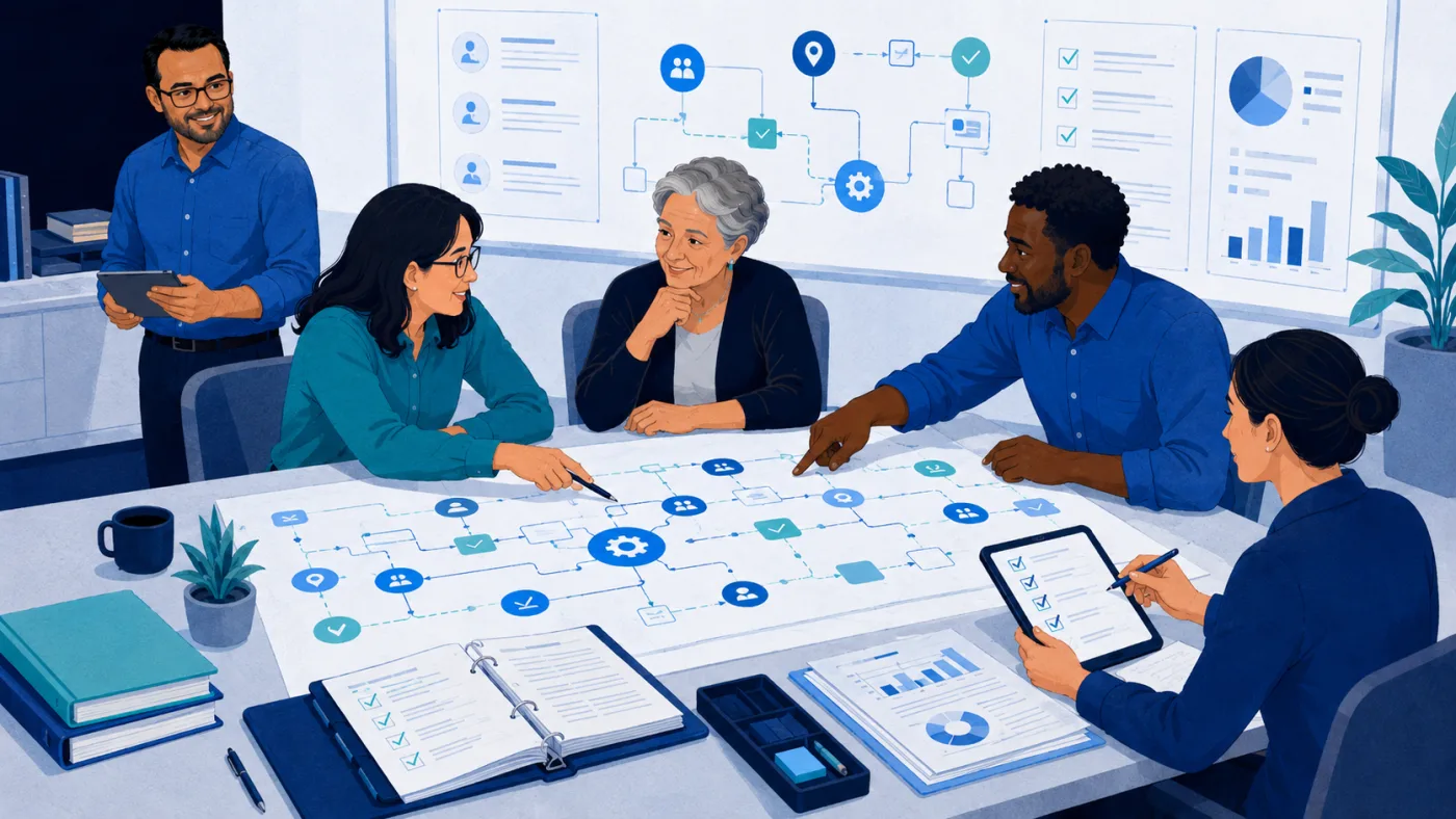 Illustration of a team around a table reviewing the process map they built together.